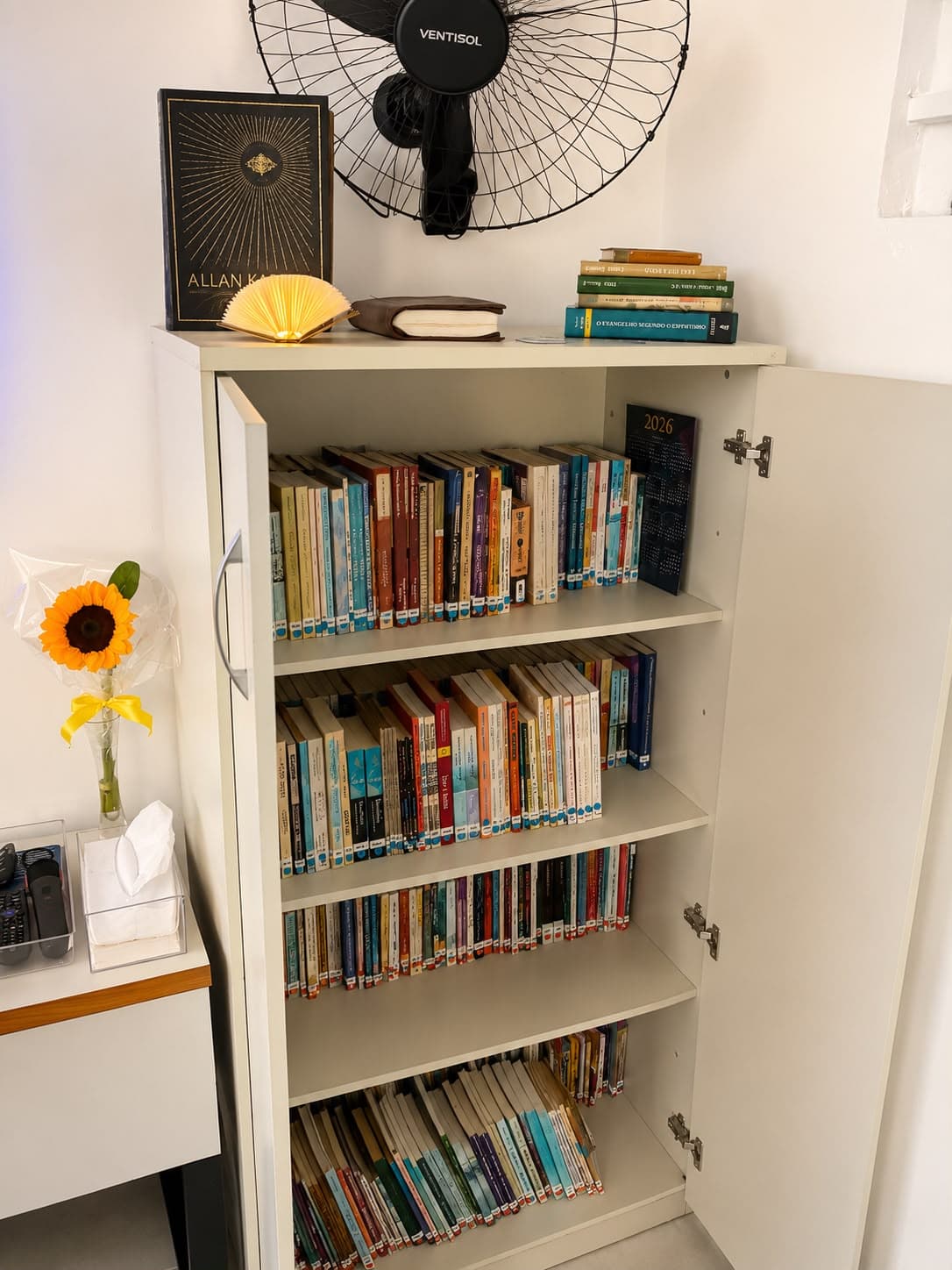 Detalhe da estante de livros da Biblioteca Joanna de Ângelis, com obras de Allan Kardec.