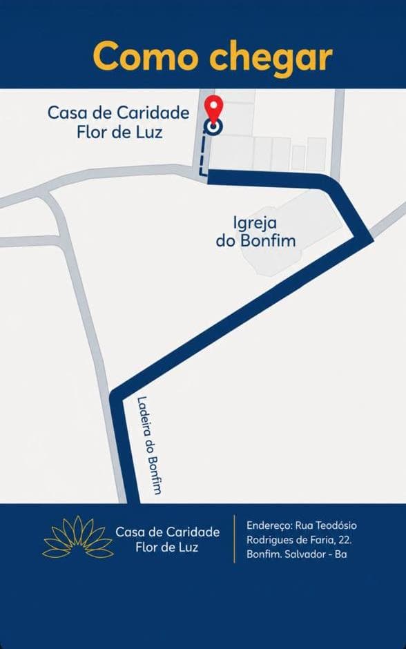 Ilustração do trajeto a pé desde a Ladeira do Bonfim até a Casa de Caridade Flor de Luz, com a Igreja do Bonfim como referência no caminho.